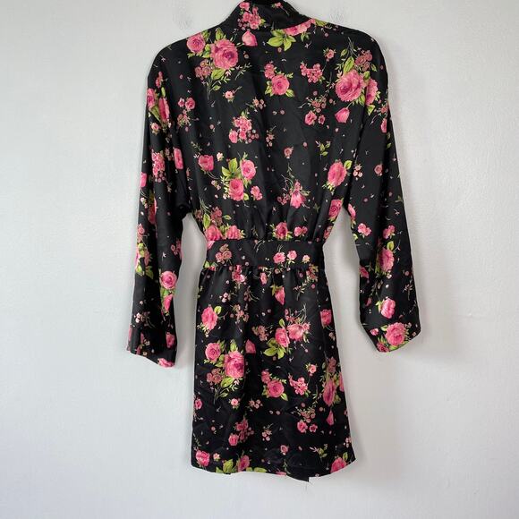 Victoria's Secret Y2K Satin Robe Black Floral Kimono Waist Tie Pink VTG One Size - Picture 7 of 13
